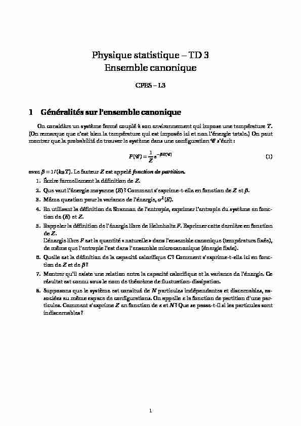 Physique statistique – TD 3 Ensemble canonique
