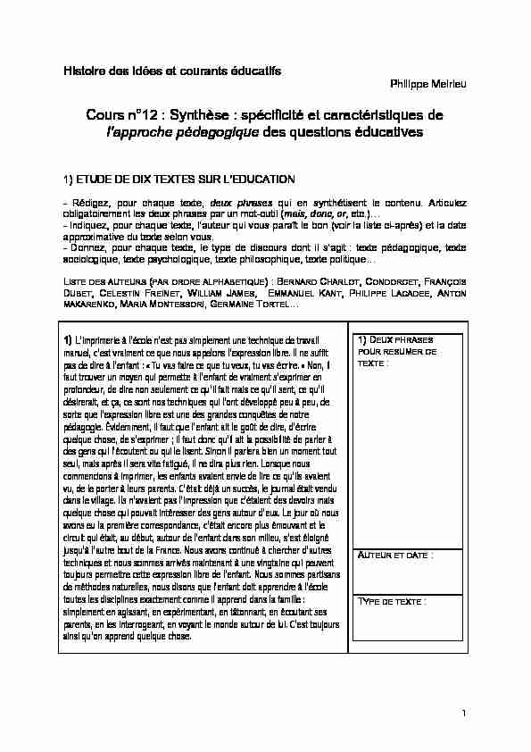 [PDF] Cours n°12 : Synthèse : spécificité et  - Philippe Meirieu