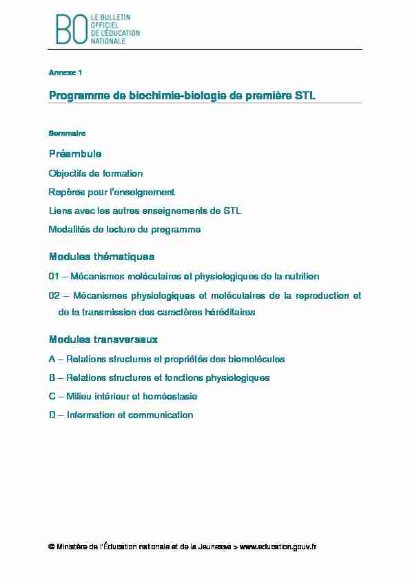 Programme de biochimie-biologie de première STL