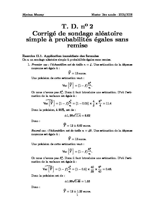 [PDF] T D n 2 Corrigé de sondage aléatoire simple `a probabilités égales