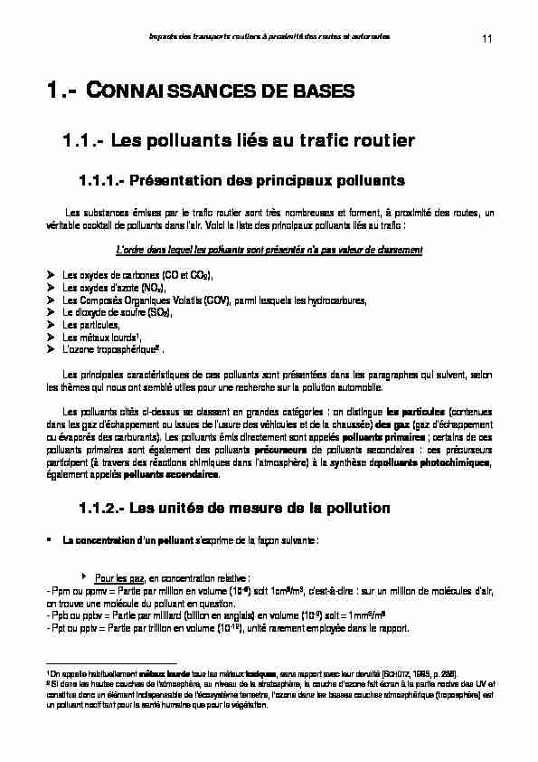 1.- CONNAISSANCES DE BASES - 1.1.- Les polluants liés au trafic
