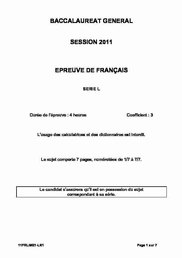 Sujet officiel complet du bac L Français (1ère) 2011 - Métropole