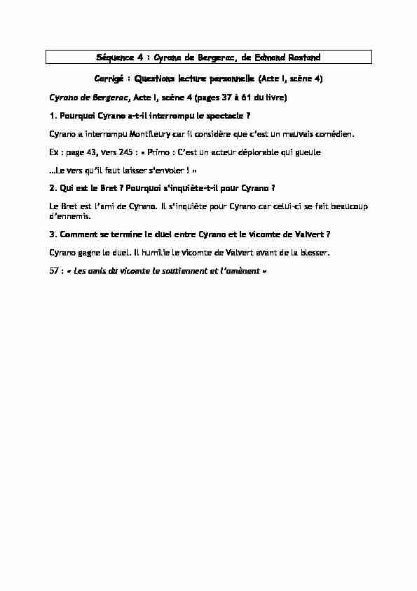 [PDF] Séquence 4 : Cyrano de Bergerac de Edmond Rostand Corrigé