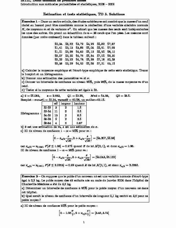 Estimation et tests statistiques TD 5. Solutions