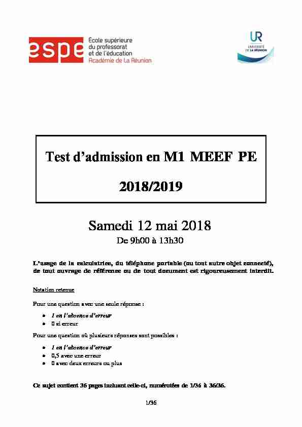 Test dadmission en M1 MEEF PE 2018/2019 Samedi 12 mai 2018