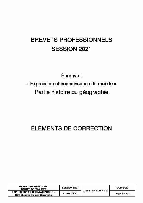 BREVETS PROFESSIONNELS SESSION 2021 Partie histoire ou