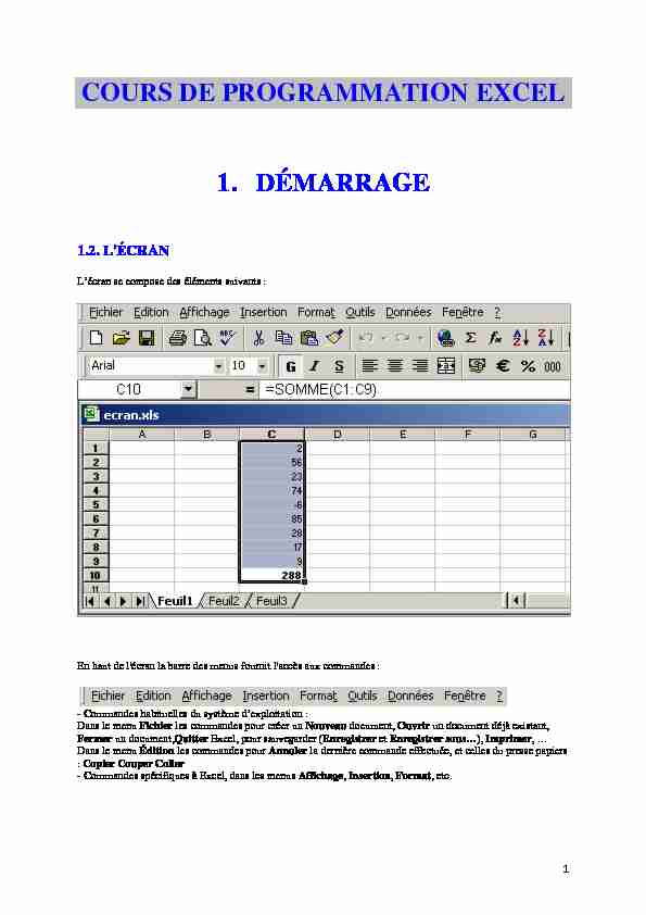 [PDF] COURS DE PROGRAMMATION EXCEL 1 DÉMARRAGE