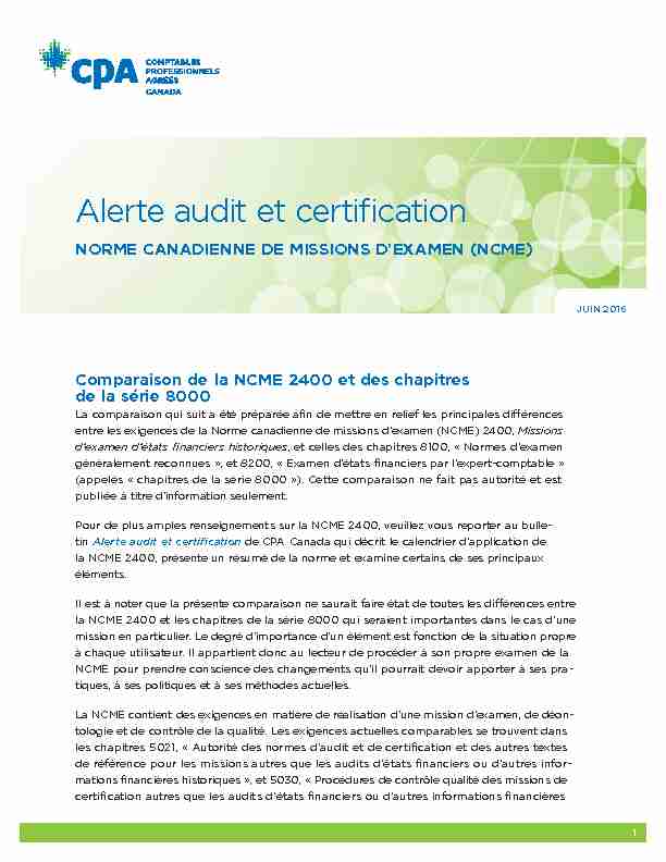 Alerte audit et certification : Comparaison de la NCME 2400 et des