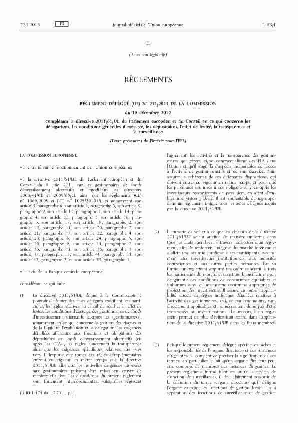 Règlement délégué (UE) no 231/2013 de la Commission du 19