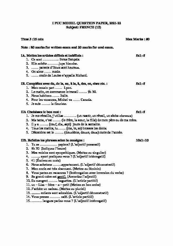 I PUC MODEL QUESTION PAPER 2021-22 Subject: FRENCH (12