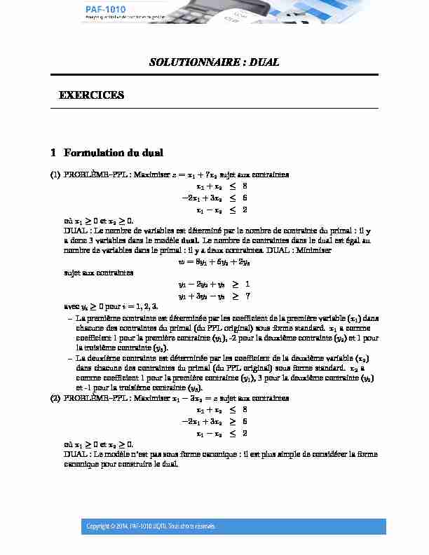 SOLUTIONNAIRE : DUAL EXERCICES 1 Formulation du dual