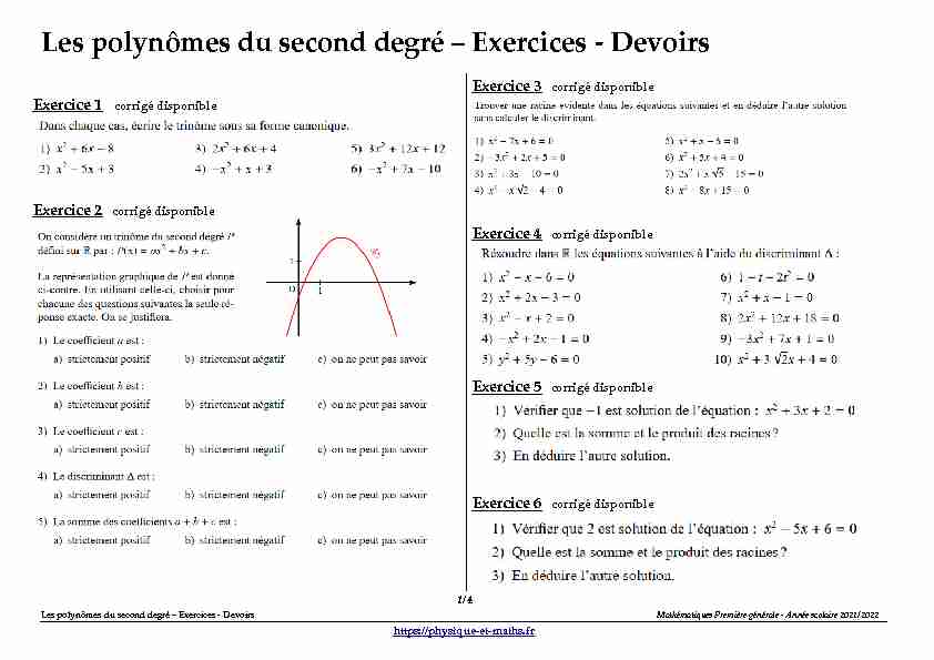 Première générale - Polynômes du second degré - Exercices - Devoirs