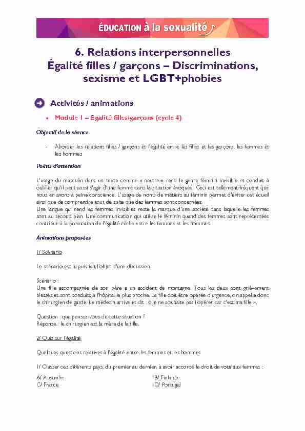 [PDF] 6 Relations interp Égalité filles / garçons sexisme Relations