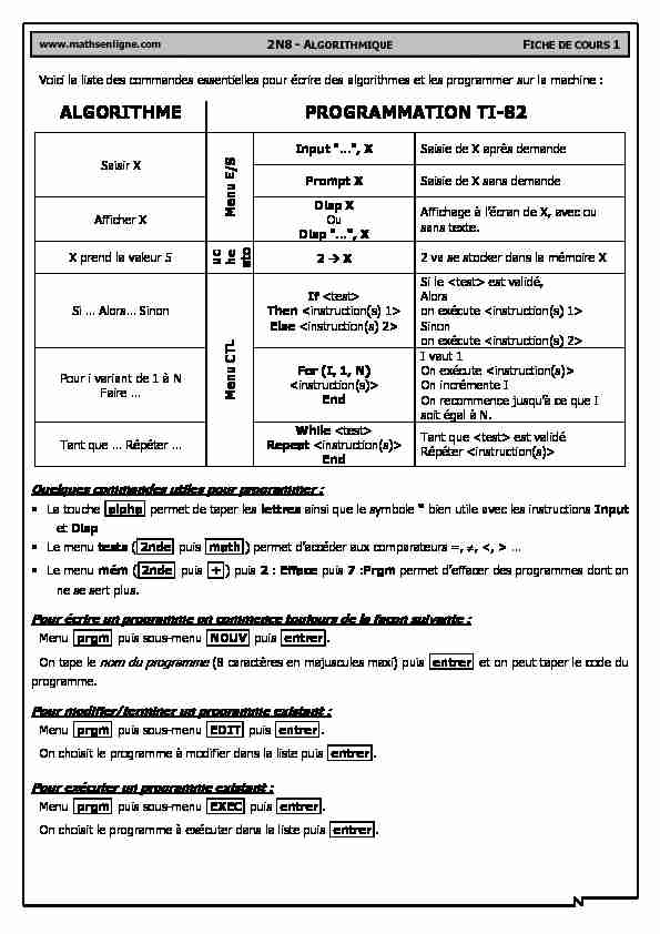 [PDF] ALGORITHME PROGRAMMATION TI-82 - Mathsenligne