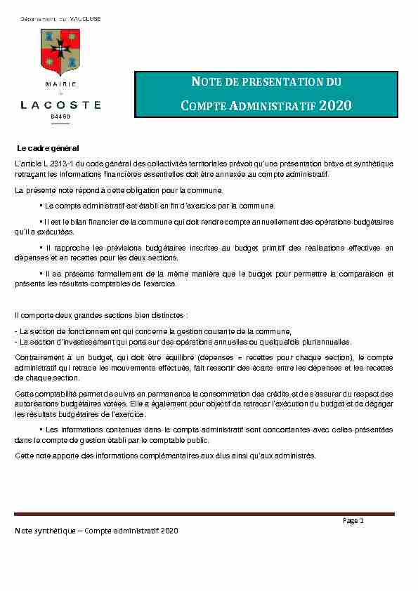 NOTE DE PRESENTATION DU COMPTE ADMINISTRATIF 2020