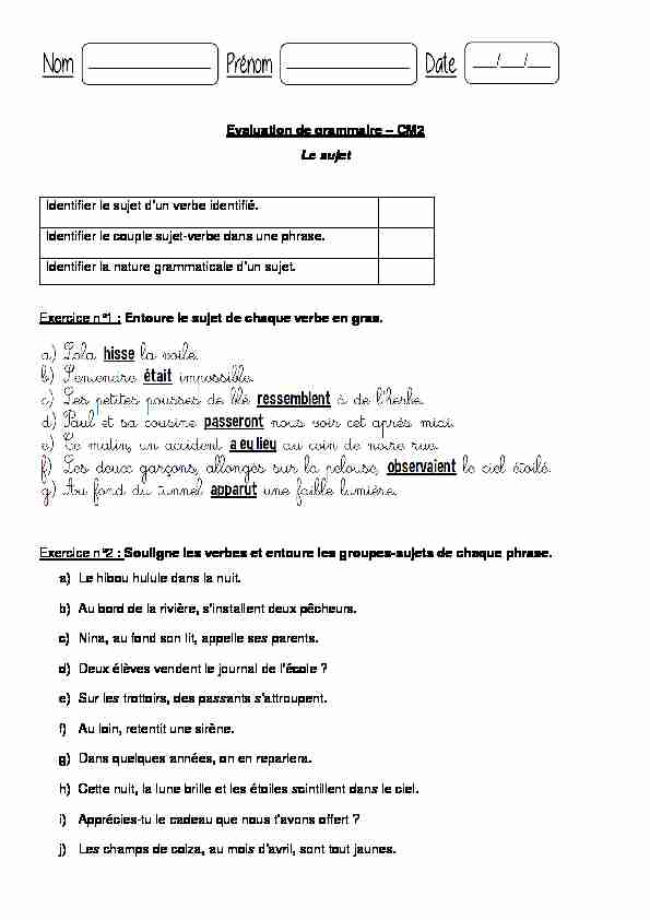 [PDF] Evaluation de grammaire – CM2 Le sujet