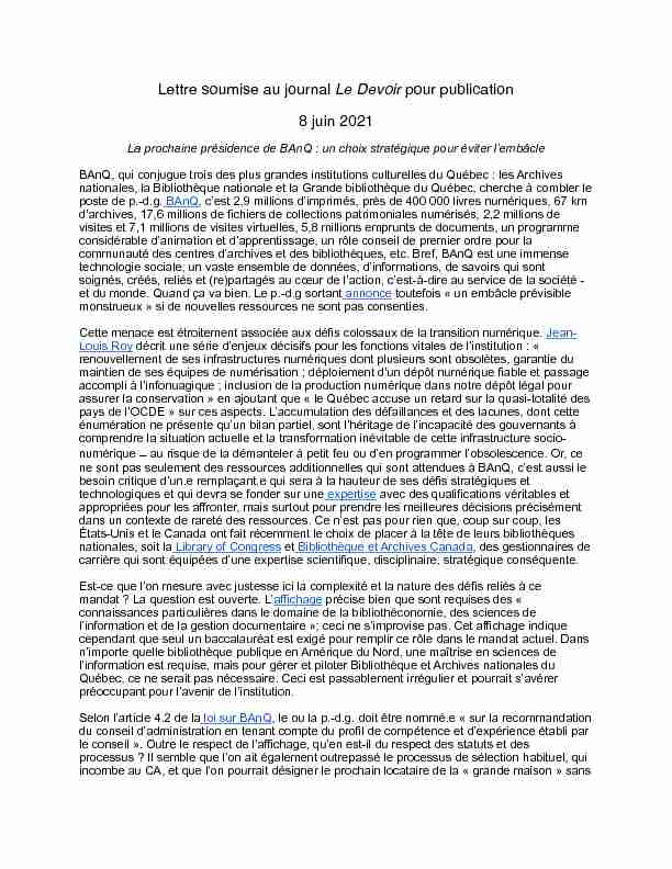 Lettre soumise au journal Le Devoir pour publication 8 juin 2021
