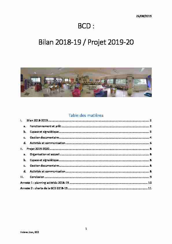 BCD : Bilan 2018-19 / Projet 2019-20