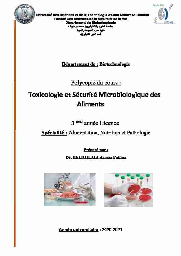 Cours de Toxicologie et Sécurité microbiologique des aliments