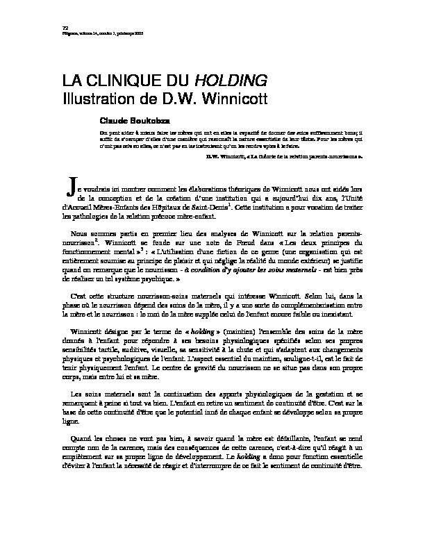 [PDF] LA CLINIQUE DU HOLDING Illustration de DW Winnicott - Teluq