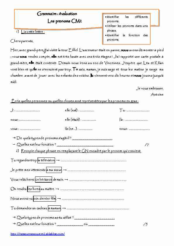 Grammaire : évaluation Les pronoms CM2 pronoms