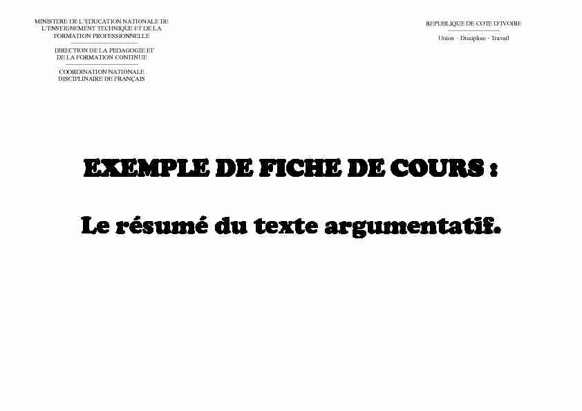 EXEMPLE DE FICHE DE COURS : Le résumé du texte argumentatif.
