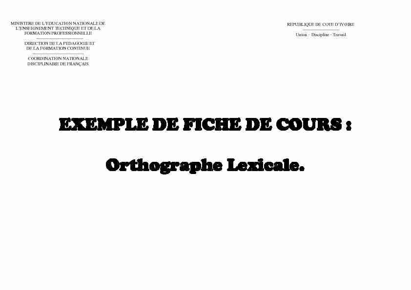 EXEMPLE DE FICHE DE COURS : Orthographe Lexicale.
