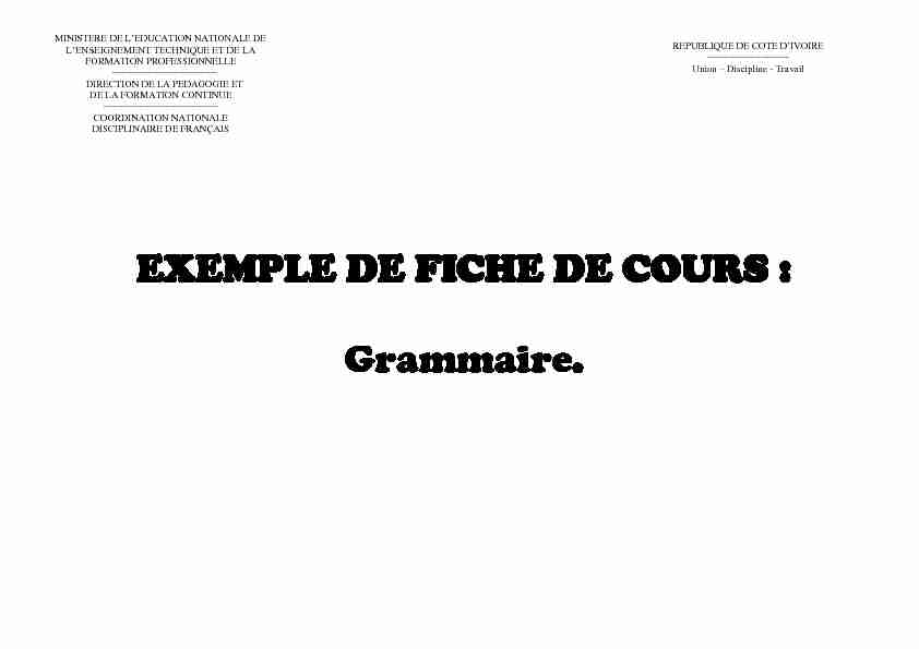 EXEMPLE DE FICHE DE COURS : Grammaire
