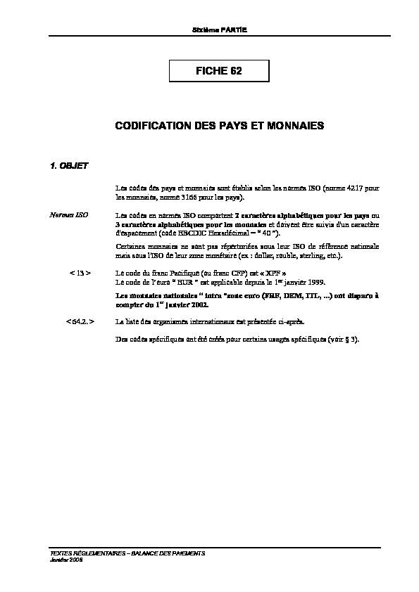 [PDF] FICHE 62 CODIFICATION DES PAYS ET MONNAIES - IEOM
