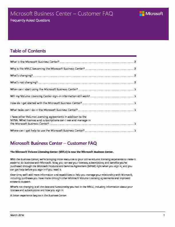 [PDF] Microsoft Business Center – Customer FAQ - Licensing School