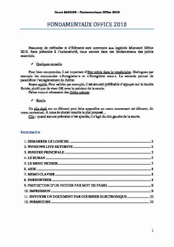 [PDF] FONDAMENTAUX OFFICE 2010 - Cours BARDON