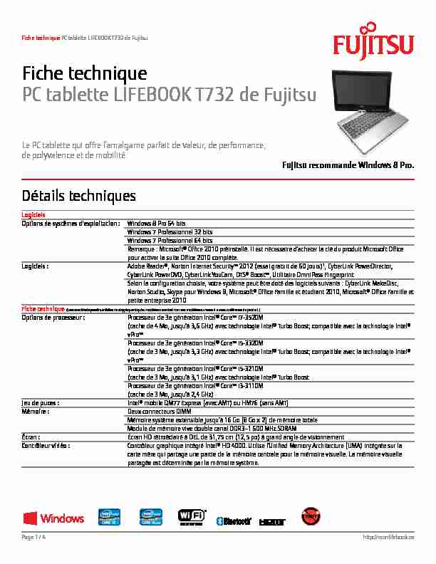 Fiche technique PC tablette LIFEBOOK T732 de Fujitsu