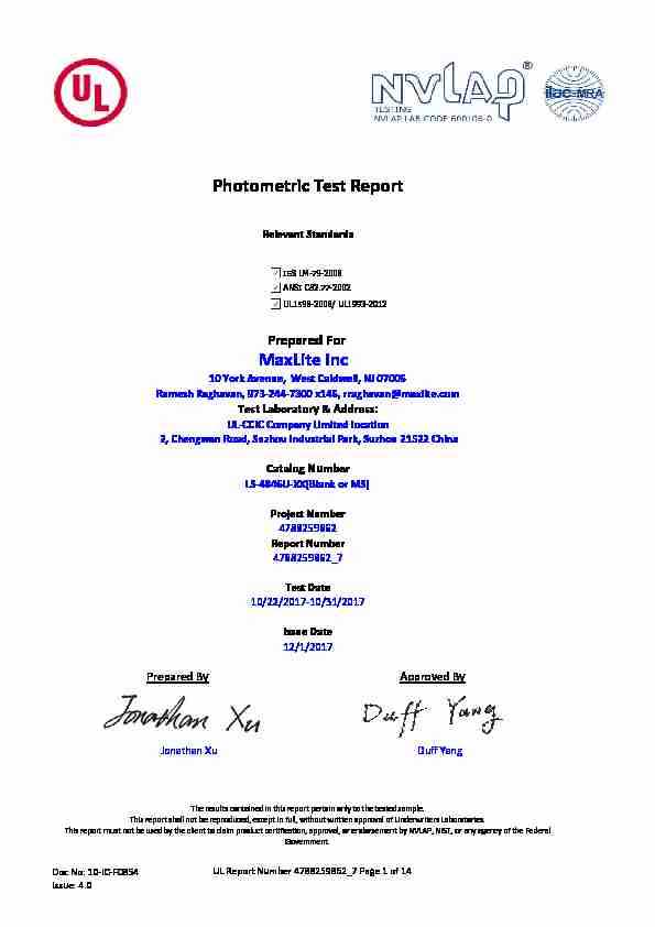 Photometric Test Report MaxLite Inc