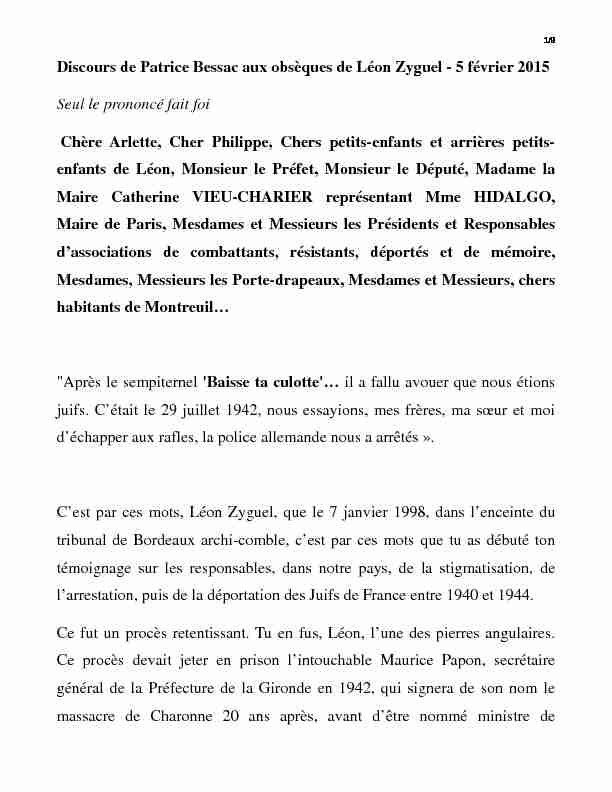 Discours de Patrice Bessac aux obsèques de Léon Zyguel - 5 février