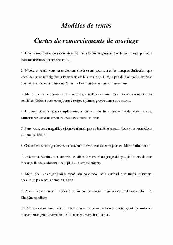 Modèles de textes Cartes de remerciements de mariage
