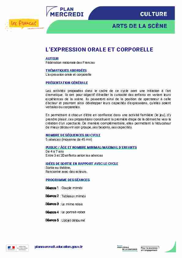 [PDF] LEXPRESSION ORALE ET CORPORELLE - Plan mercredi