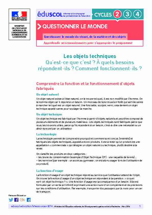 [PDF] Les objets techniques - QUESTIONNER LE MONDE - Ministère de l