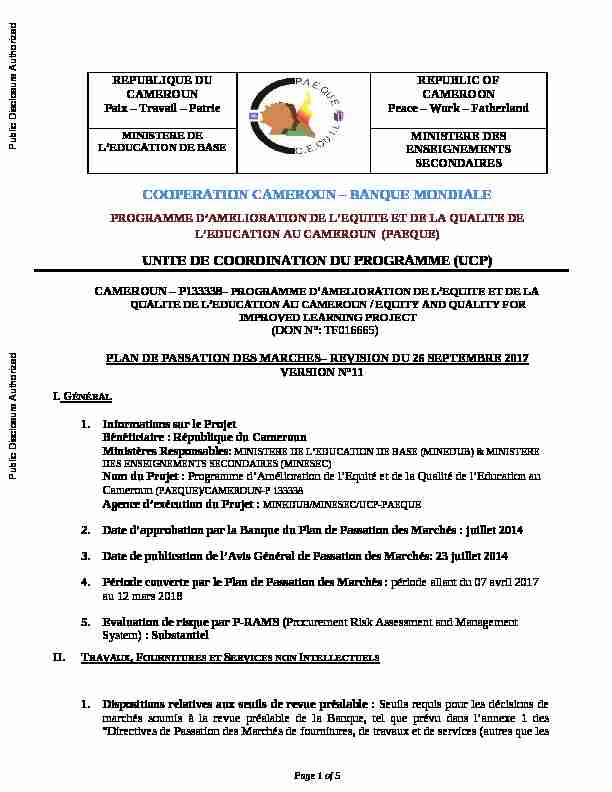 [PDF] REPUBLIQUE DU CAMEROUN Paix - World Bank Document