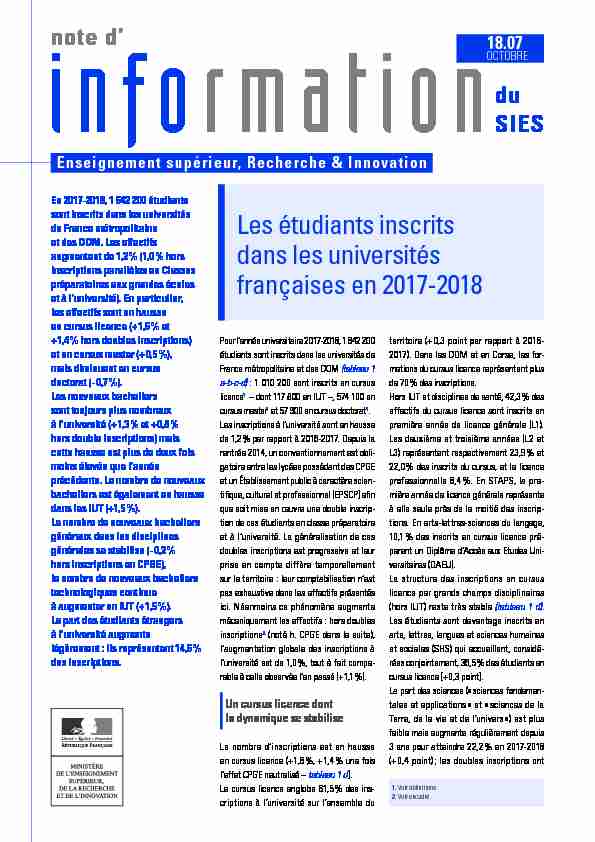 Les étudiants inscrits dans les universités françaises en 2017-2018