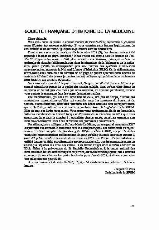 [PDF] SOCIÉTÉ FRANÇAISE DHISTOIRE DE LA MÉDECINE - BIU Santé