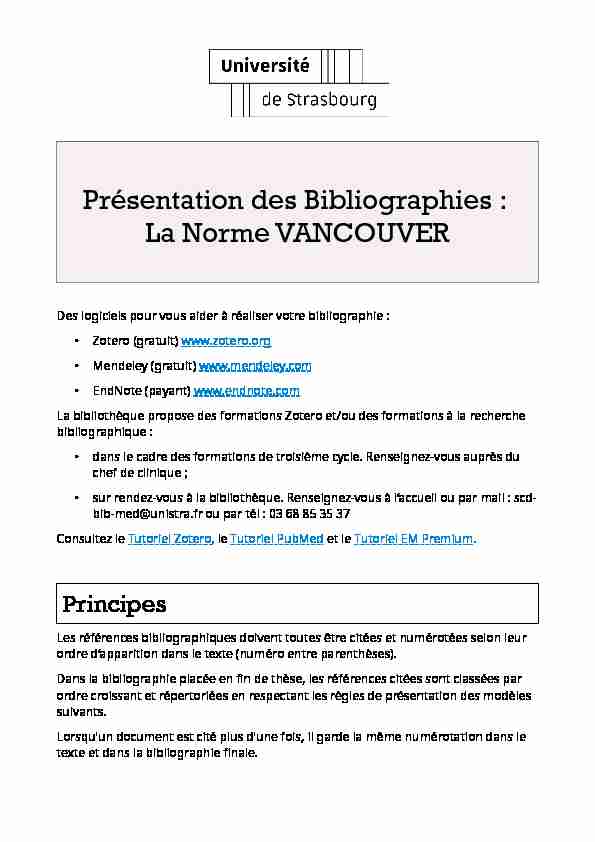 Présentation des Bibliographies : La Norme VANCOUVER