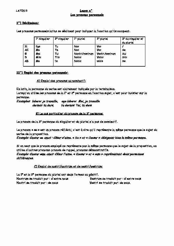 [PDF] Leçon n° Les pronoms personnels I°) Déclinaison: Les pronoms