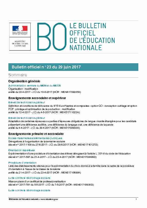 Bulletin officiel n°23 du 29 juin 2017 Sommaire
