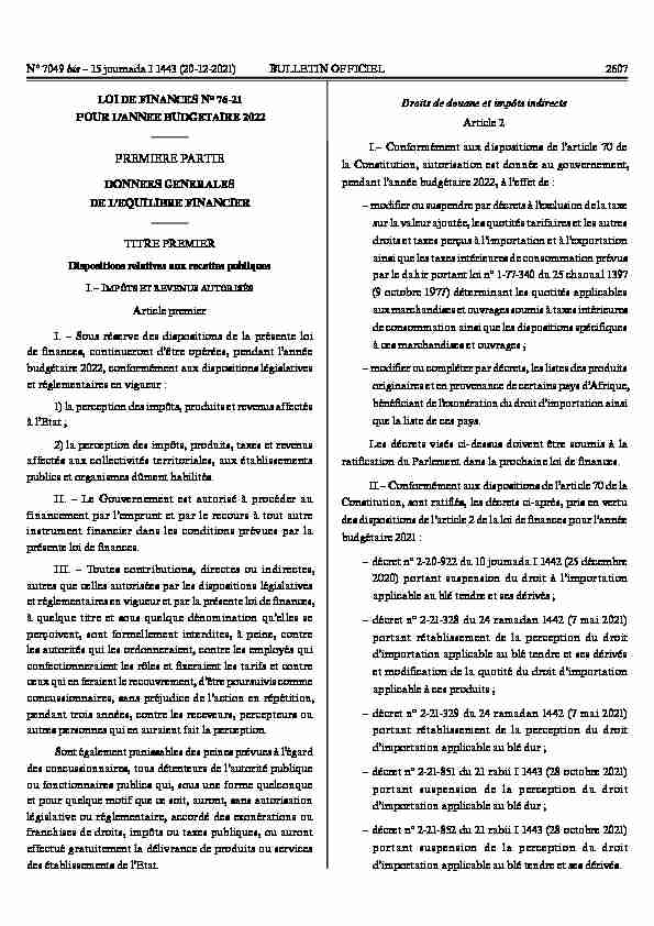 [PDF] Maroc - Loi de finances n°76-21 du 10 decembre 2021 pour lannee