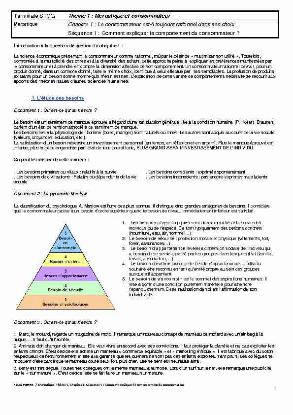[PDF] Terminale STMG Thème 1 : Mercatique et consommateur Chapitre 1