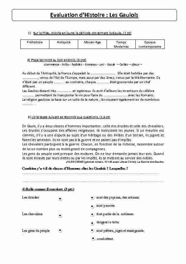 Evaluation dHistoire : Les Gaulois