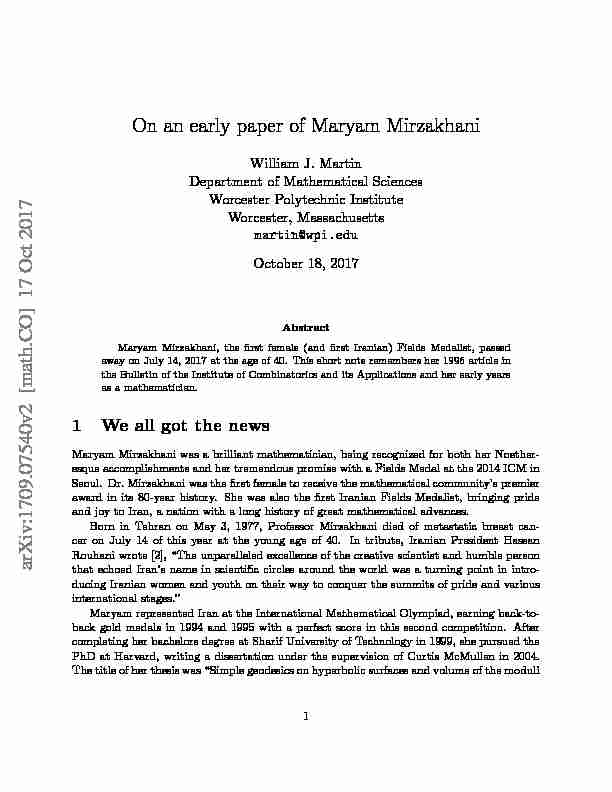 On an early paper of Maryam Mirzakhani arXiv:1709.07540v2 [math