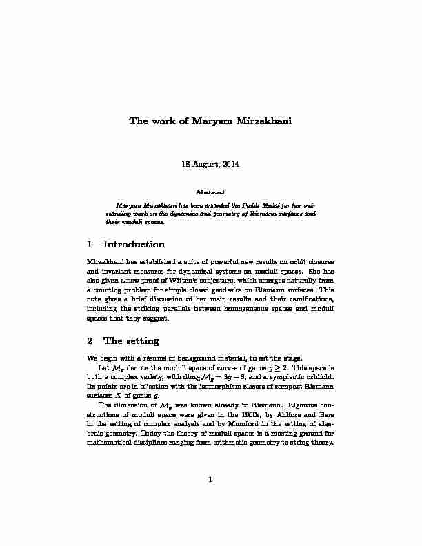 The work of Maryam Mirzakhani 1 Introduction 2 The setting