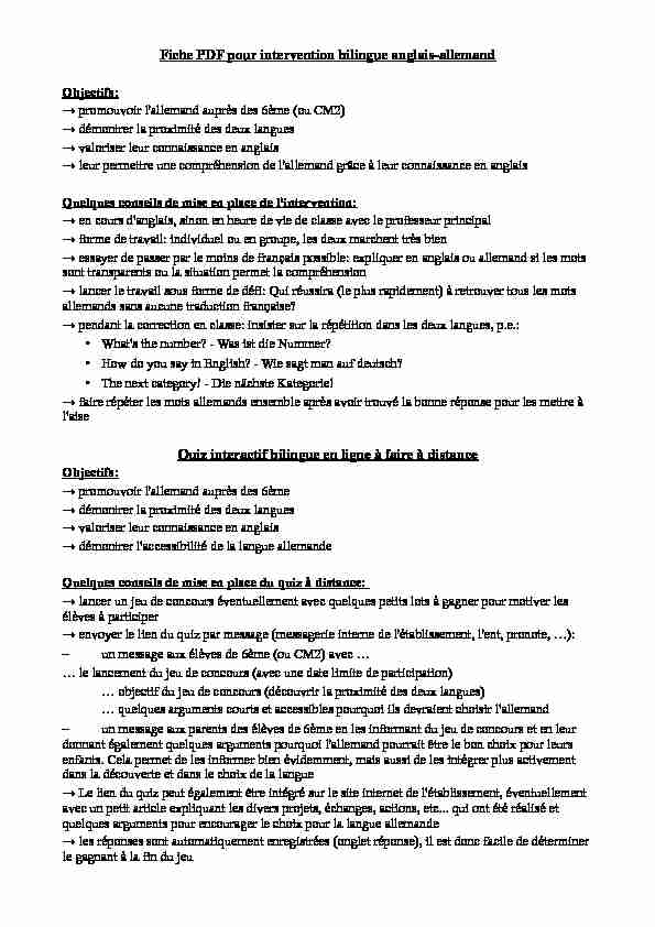 Fiche PDF pour intervention bilingue anglais-allemand Quiz
