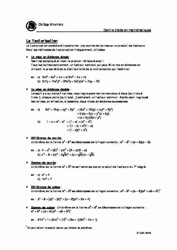 [PDF] La factorisation - Collège Ahuntsic